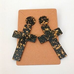 Fashion Jewelry Black and Gold Cross Earrings
